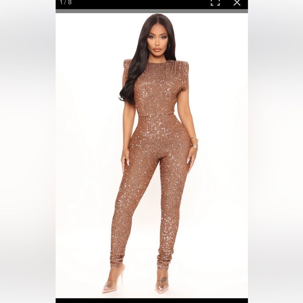 NEW Fashion Nova Large Gold Sparkle & Snatched Shoulder Pad Jumper Jumpsuit - Picture 1 of 16